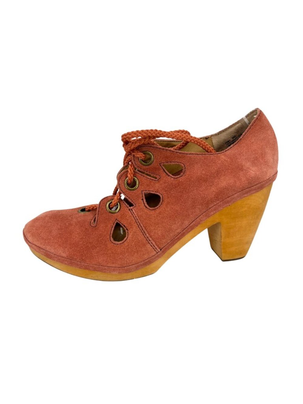 Anthropologie Latigo Cabo Suede Pump Chunky Wooden Heel Terracotta Cutout Size 9